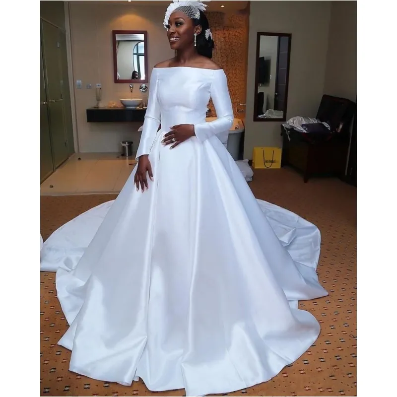 African Pure White Satin Wedding Dresses Plus Size Off The Shoulder Long Sleeve Wedding Bridal Gowns