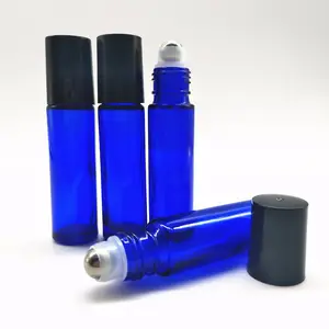 10ml cobalt blue glass roll on bottle/blue roller on bottles with black lid stainless steel ball/empty glass perfume bottles