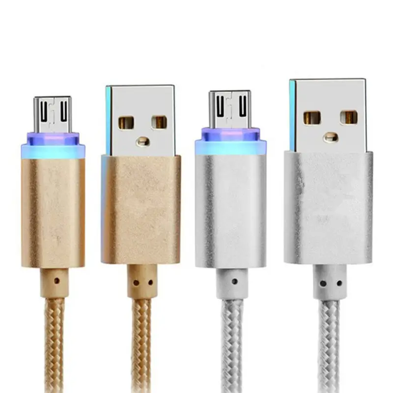 Smart LED Micro USB Data Cable 2.1A Fast Charging Metal Nylon Braided V8 Charger for Mobile Phone Samsung for Xiaomi Huawei HTC