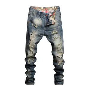 2019 Blue Denim Gescheurde Beschadigd Stedelijke Ster Mannen Jeans Broek Verpletteren Jeans