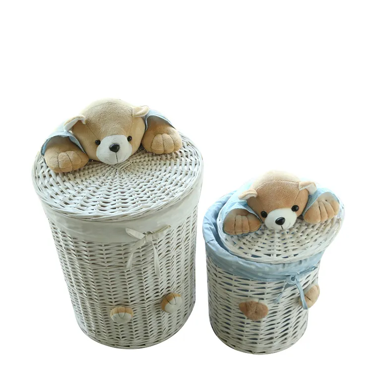 Toy Bear Wicker Basket Rustic Wicker Laundry Basket with Toy Bear for Children with Lid Qingdao Customized Carton/ Bag 200 Sets