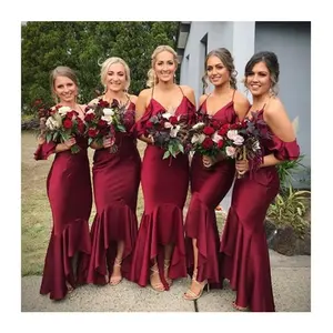 Front Short And Long Back Formal Modern Mermaid Burgundy Bridesmaid Dresses