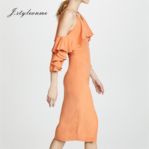 2018 nouvelles dames dos nu bretelles à volants V-cou fendue <span class=keywords><strong>mi</strong></span>-longueur <span class=keywords><strong>orange</strong></span> <span class=keywords><strong>robe</strong></span> - Product Image 3
