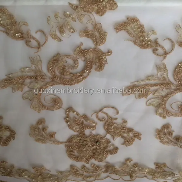 2015 de oro elegante bordado de malla de tela para el vestido de boda de encaje con pesado de secuencia