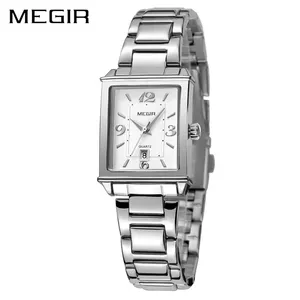 Nieuwkomers Megir 1079 Fashion Rechthoek Dames Stijlvolle Kalender Klok Luxe Rvs Top Brand Vrouwen Quartz Horloges