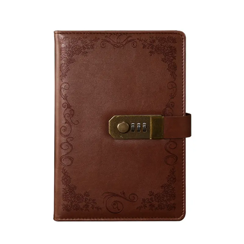 A5 vintage PU leather hard cover lock diary notebook with coded lock 3D password design notebook