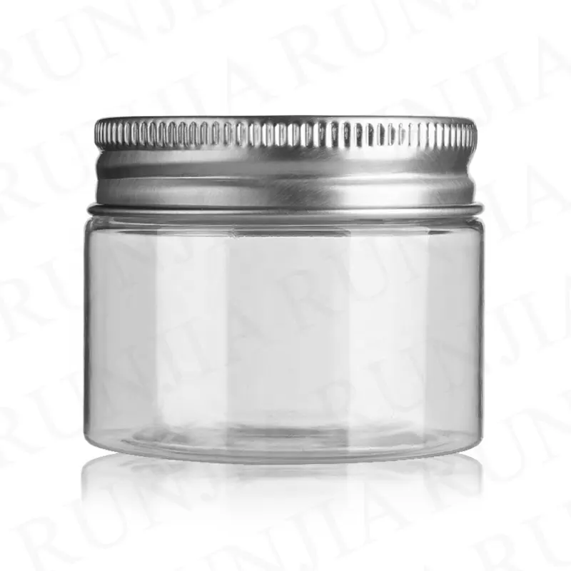 50 ml di plastica mini piccolo cosmetico vaso trasparente con coperchio in metallo