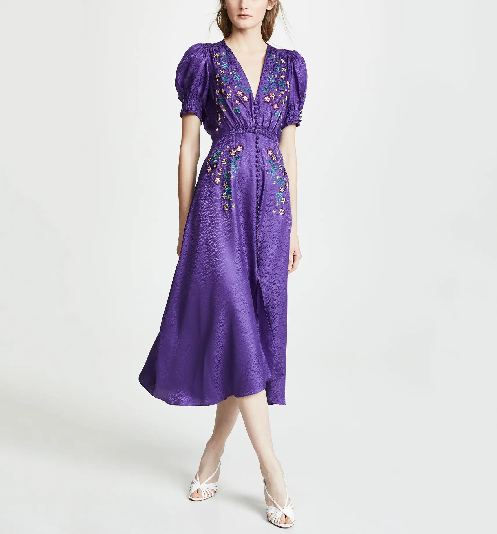 Modern Floral Print Embossed Satin Sucking Embroidery V collar Midi Purple Adults Dress