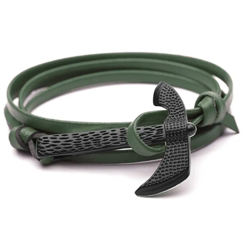 Fashion Men's Green Leather Bracelet With Black Alloy Axe Charm