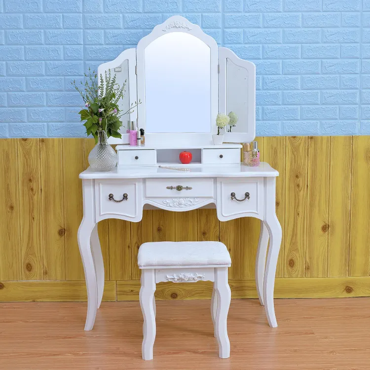 D1719 home storage lade slaapkamer kaptafel met verlichte spiegel nieuwe hout kaptafel ontwerp dressoir kruk