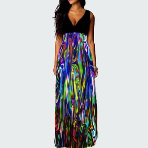 Del Verano imprimir vestido estampado de largo vestidos de dama de la moda V Cuello delgado Vestido de Gasa - Product Image 4