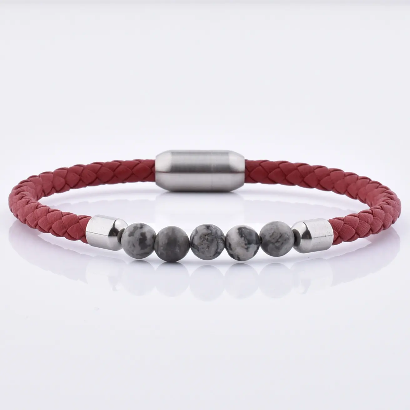 Mens Women Red Leather Magnetic Clasp Grey Jasper Gemstone Bead Bracelet