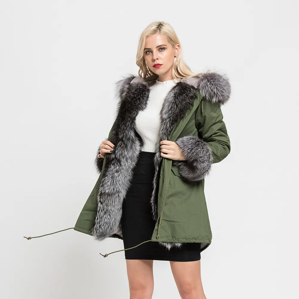Rex Rabbit Lined Parka Winter Jacket Real Fur Parka Women with Fox Fur Collar Hooded