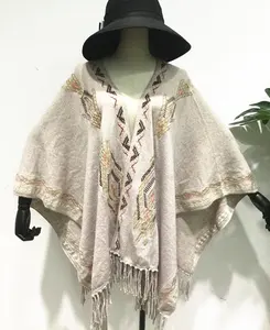 ST019S009 Fashion boho popular knitted embroidery women's sweater poncho with tassel