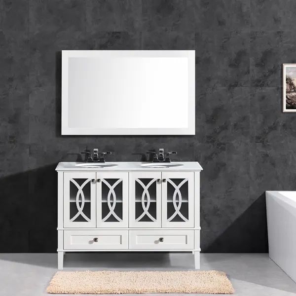 Graceful White Solid Wood Bathroom Vanity With Beautiful Doors