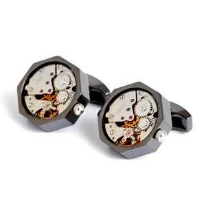 Steampunk reloj mecánico gemelos 3D bronce negro reloj movimientos gemelos de hombre joyería regalo de boda - Product Image 2