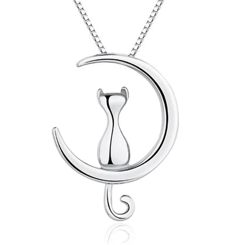 Onier Neueste Crescent Moon Anhänger Halskette mit Katze Silber Half Moon Halskette Schmuck Zierliche Halsketten für Frauen