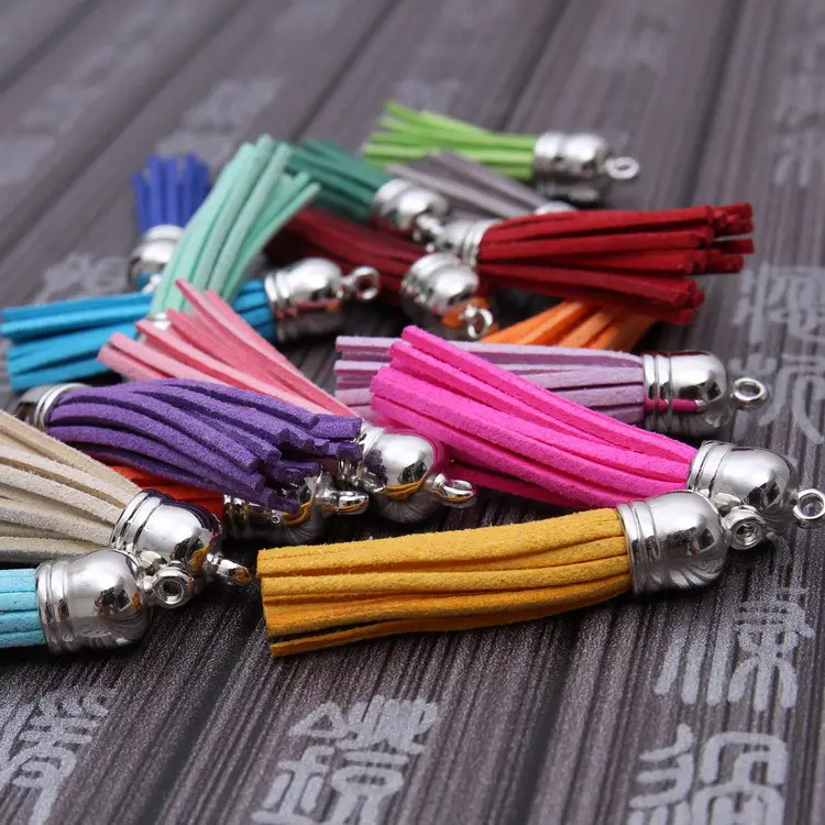 Suede Tassel Keychain Cell Phone Straps Jewelry Charms、Leather Tassels With Plated Gold Cap