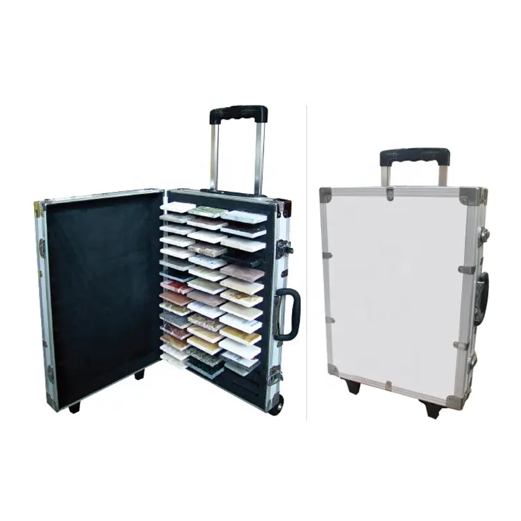 Main transporter des échantillons de pierre affichage valise en aluminium échantillon cas