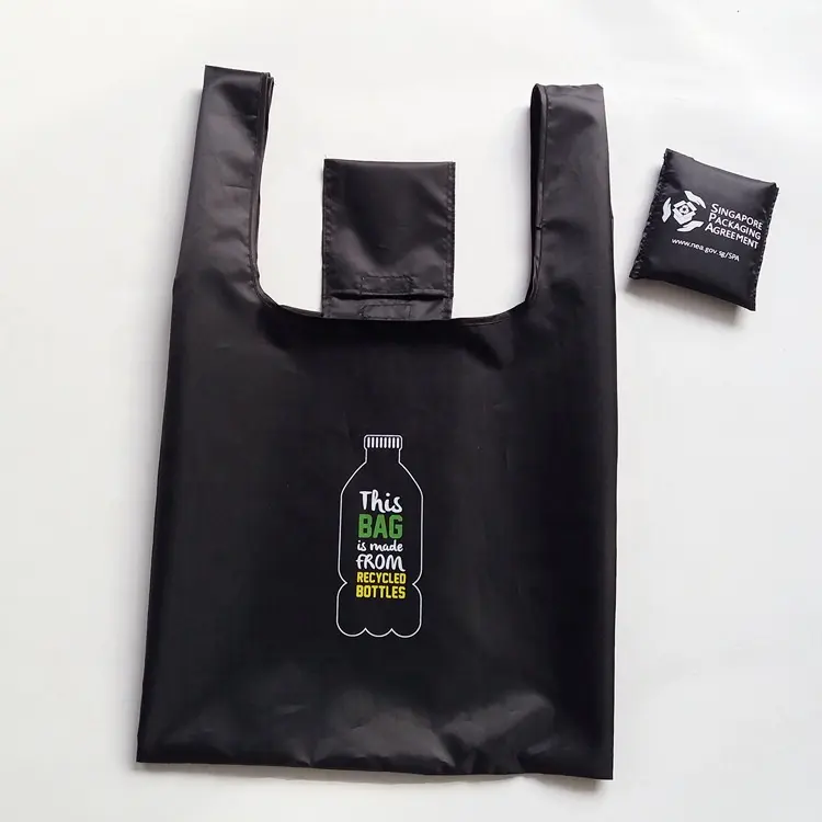 Eco-Friendly di Colore Nero Logo Personalizzato Stampato Riutilizzabile Pieghevole Tote RPET Nylon Sacchetto Del Poliestere Per La Promozione