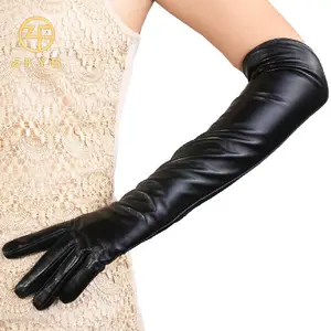 Lady fashion black color shoulder length sheepskin arm length leather gloves