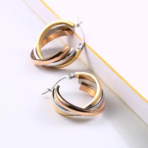 Fashion Korean Stainless Steel Three Tone Nickle Free Hoop Earring Stud Nail 18K Gold Plated Wire Ear Loop Dangle GirlのJewelry