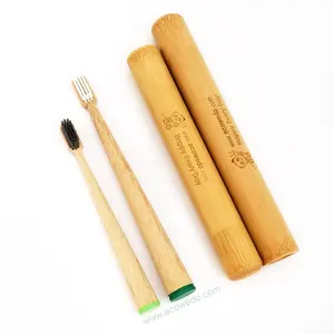 Sikat gigi kayu bambu Biodegradable Logo kustom anak-anak dewasa dengan casing tabung bambu untuk perjalanan