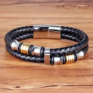 2021 nuovo arrivo vendita calda braccialetto in vera pelle a due strati bracciale magnetico con perline in acciaio inossidabile per uomo