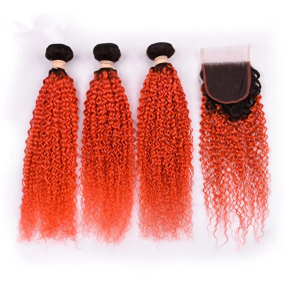 Extensions de cheveux mongols naturels, tissées, ondulées et crépues, de couleur ombre 1b, orange, tissage indien, 12, 14, 16, 18 pouces, avec closure