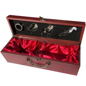 Boîte à bouteille de vin en gros et outils 4 pièces avec coffret en bois de couleur rouge et accessoires pour le vin coffret cadeau et boîtes à vin en bois simples