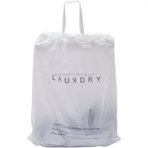 Bolsa de lavandería con cordón de plástico Biodegradable para Hotel, color blanco, con cierre de lazo rasgado