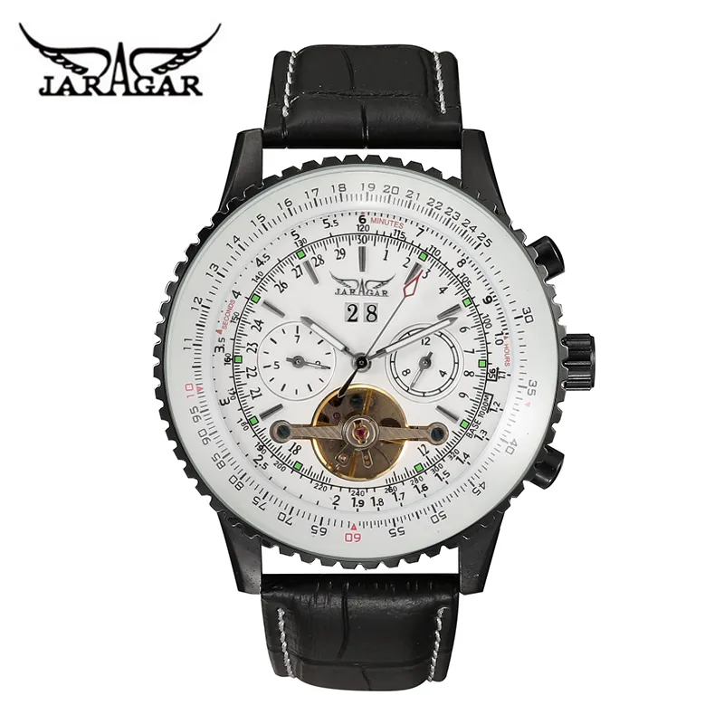 JARAGAR-relojes mecánicos automáticos para hombre, Tourbillon, subesferas, pantalla, calendario, reloj de pulsera de cuero de lujo