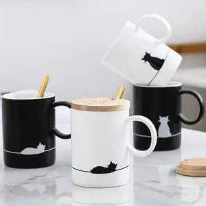 Taza <span class=keywords><strong>de</strong></span> café <span class=keywords><strong>de</strong></span> porcelana con tapa <span class=keywords><strong>de</strong></span> madera, <span class=keywords><strong>diseño</strong></span> <span class=keywords><strong>de</strong></span> gato perezoso blanco y negro - Product Image 1