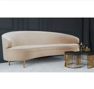 Cream Champagne Velvet Curved Silhouette <strong>Gold</strong> Stainless Steel Legs <strong>Sofa</strong> - Product Image 1