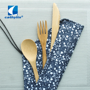 Cathylin-Juego de cubiertos de madera reutilizable, 3 unidades, tenedor, cuchillo, cuchara, bolsa de viaje, portátil, de acero inoxidable, Metal y madera