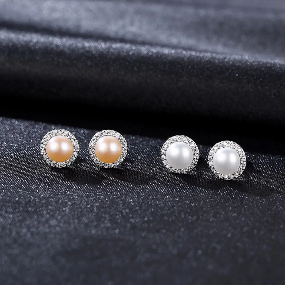 Pag y Mag nuevo Simple de moda perlas de agua dulce plata esterlina 925 forma de círculo Stud pendiente Pave bien CZ claro para las mujeres