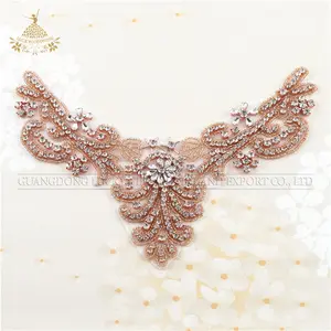 Sewing Rose Gold Beaded Rhinestone Crystal Bridal Dress Applique for Garments Wedding Dress Collar