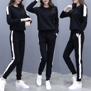 Beyaz siyah kadınlar uzun kollu 2 parça Set üstleri + pantolon spor takım elbise - Product Image 1
