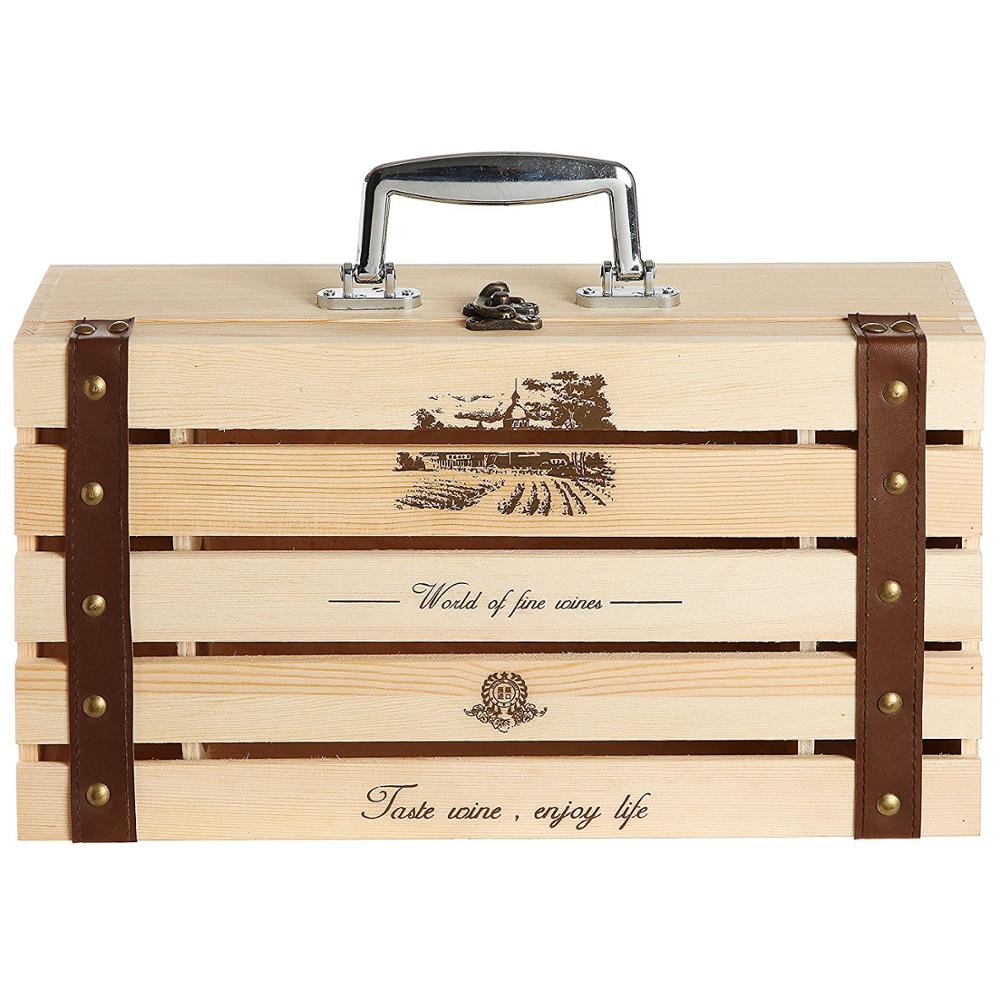 Ящик ручной работы из натуральной сосновой древесины, 2 бутылки вина, дорожный ящик для хранения, кейс для переноски