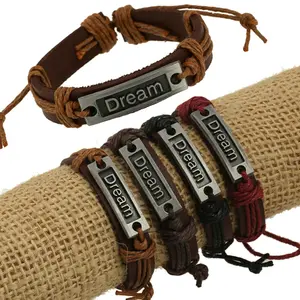 Bracelet corde en cuir véritable tressé bijoux métal rêve espoir breloque inspiration estampée bracelet cordon de cire tressée