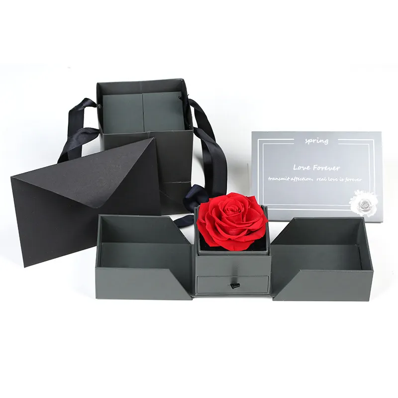 Hot Sale Preserved Red Rose Flower Luxury Acrylic Jewelry Box With Acrylic Lid For home decoration