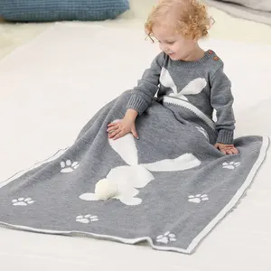 Factory Hotsale 100% Acrylic Cartoon Rabbit Pattern Newborn Baby Knitted Wrap Swaddle Blanket Soft Warm Soft