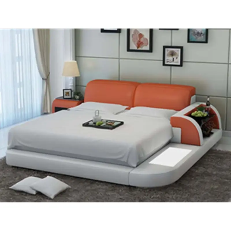 Mobiliário de madeira design simples cama de couro de laranja