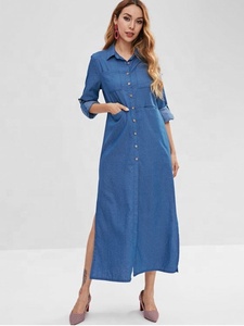 KY Lady Loose Fit Largo hasta el tobillo Manga larga Bolsillos Abertura lateral <span class=keywords><strong>Camisa</strong></span> con botones Vestido <span class=keywords><strong>de</strong></span> mezclilla <span class=keywords><strong>azul</strong></span> - Product Image 5