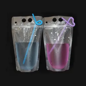 Pochette de boisson de jus debout personnalisée avec paille, sac d'emballage de boisson en plastique imprimé par gravure, sacs OEM
