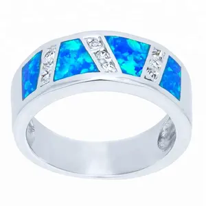 Wholesale Fashion Jewelry 925 Sterling Silver Turkish Blue Fire Opal Rings with CZ For Woman