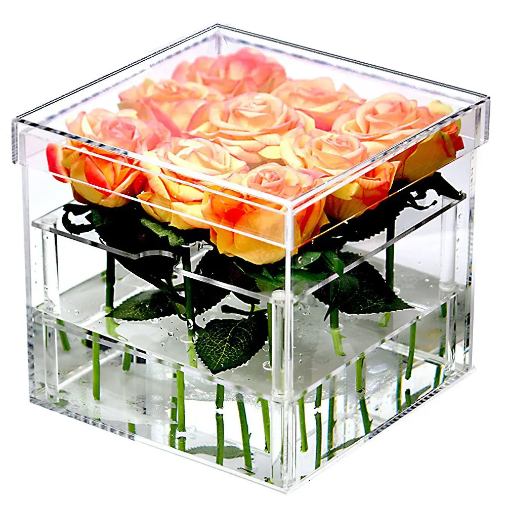 Custom Hot Sale High Quality 9 Holes Square Acrylic Flower Box Unique Design Deluxe Water Holder Acrylic Rose Box With Drawer