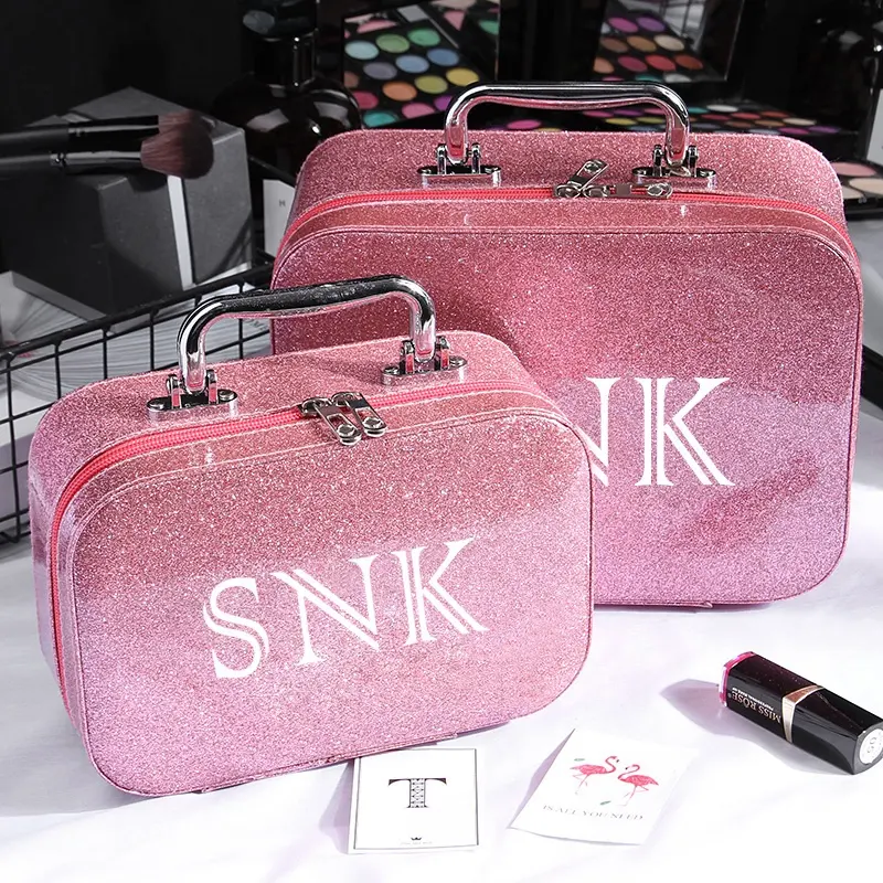 Senhoras de Luxo Rosa Caixa De Maquiagem de Viagem portátil Saco Grande Pink Glitter Hard Case À Prova D' Água Saco de Cosmética com Logotipo Feito Sob Encomenda ^