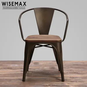 Suporte de braço para cadeira de jantar, cadeiras de café com design industrial vintage francês de metal com assento de madeira sólida para usar