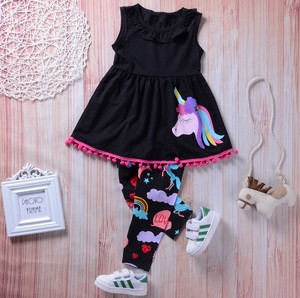 Wholesale girl baby Set black Top and pants cotton Unicorn kids girl dresses - Product Image 2